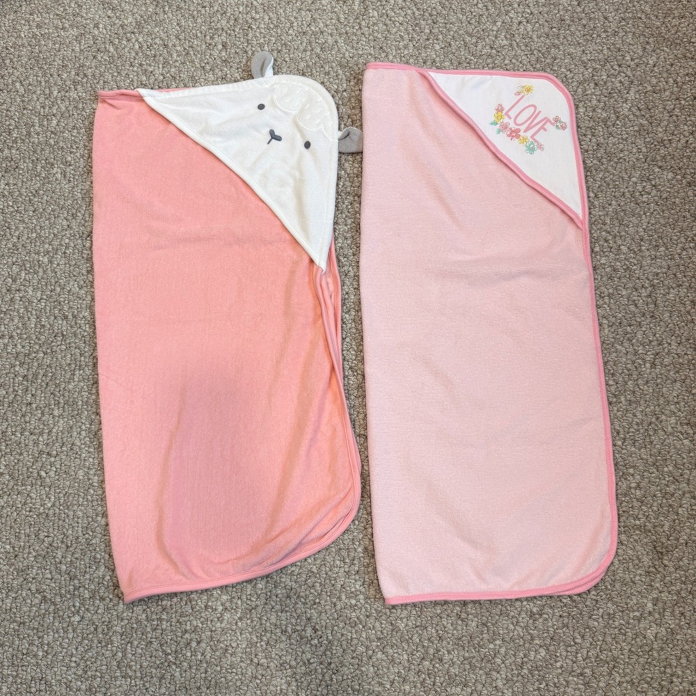 Pink Hooded Baby Bath Towel Set Lamb Animal & Love Floral 2 Pack